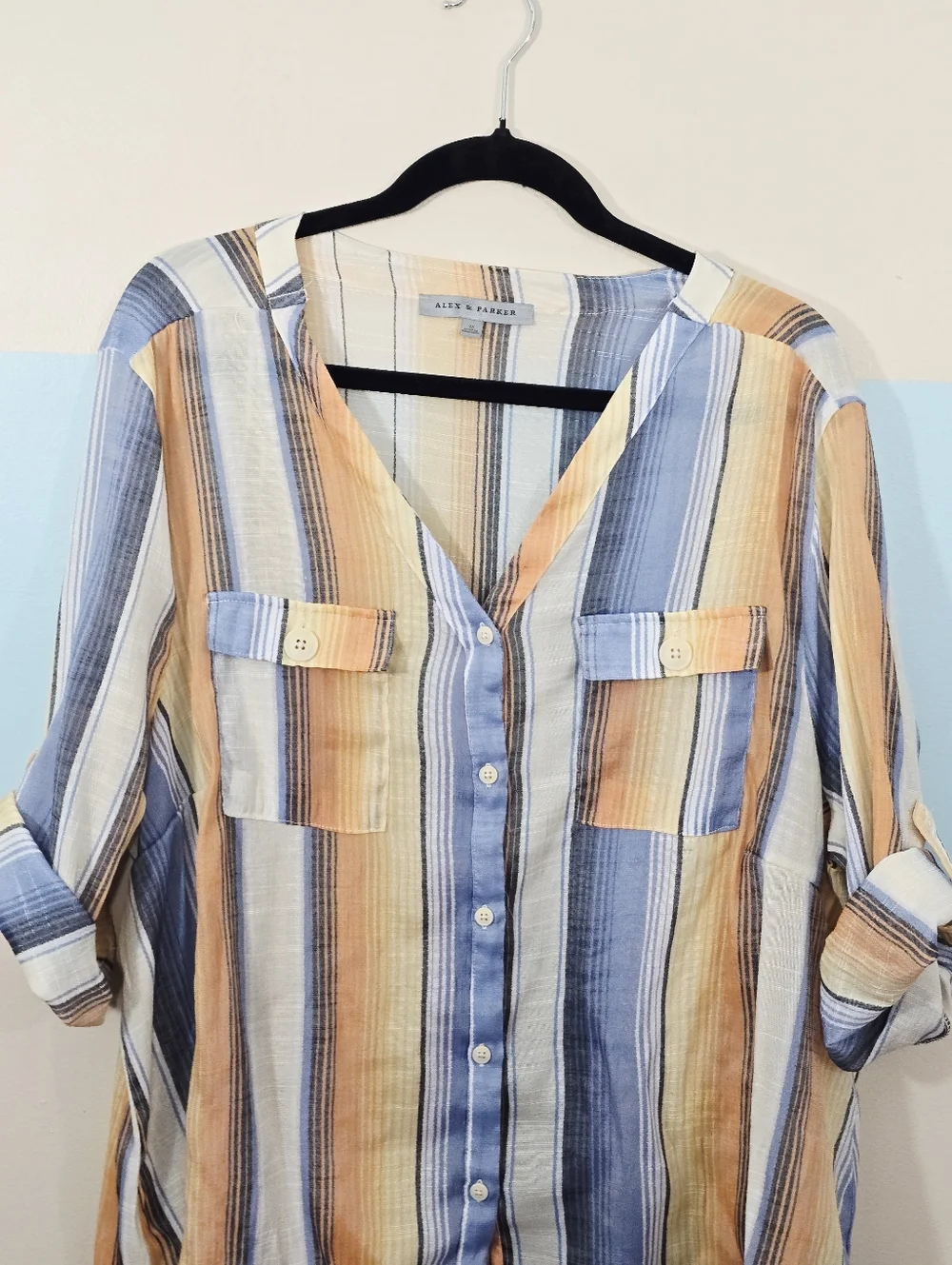 Alex & Parker Plus Sizel Stripe Button-Down Shirt in Blue and Tan - Picture 4 of 7